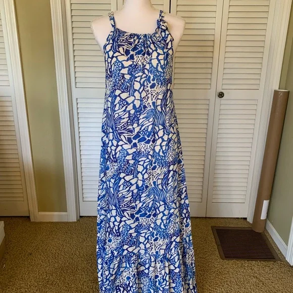 Claudia Collezioni Blue & White Floral Linen Blend Maxi Dress Size S - Picture 1 of 8